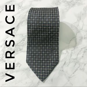 Versace Checkered Navy Blue Grey-Brown Silk Tie